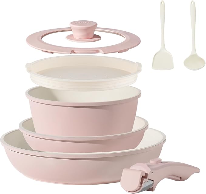 31pcs Ceramic Pots and Pans Set Nonstick Detachable Handle Cookware Induction Kitchen Cooking Set with Removable Handleinclude Frying Pans &amp Saucepans Oven Safe(Pink)