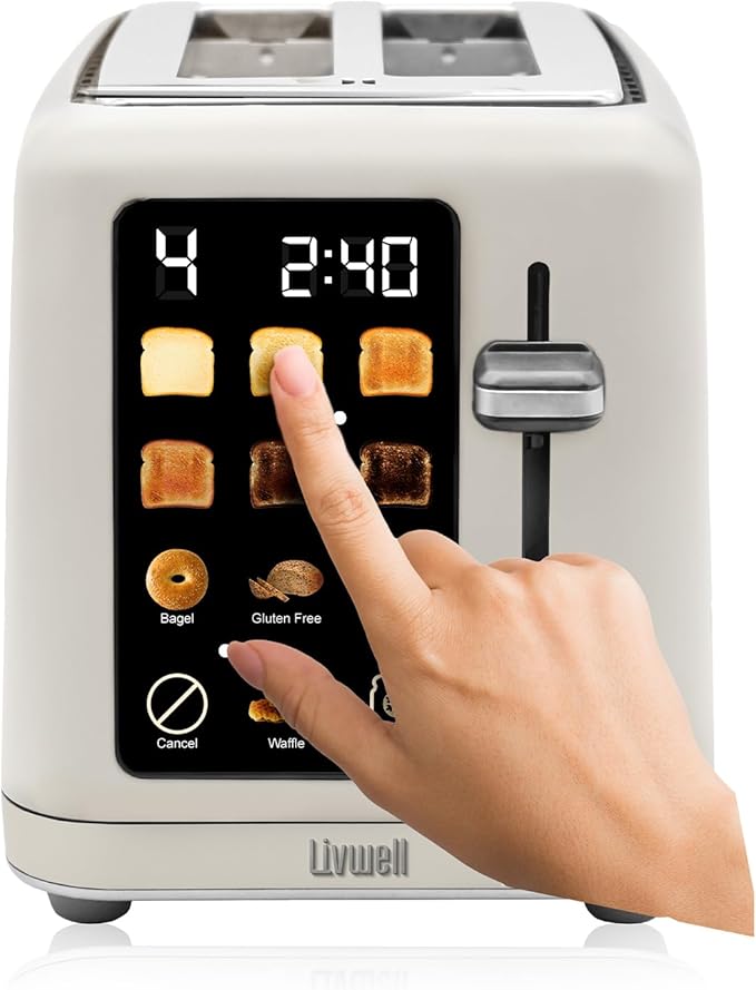 Livwell Matte 2-Slice Smart Touch Toaster with Color Screen Display - Kitchen Gifts - 6 Browning Levels Timer Countdown Adjustable Settings for Bagels Gluten-Free &amp Multigrain Bread (Matte Crea