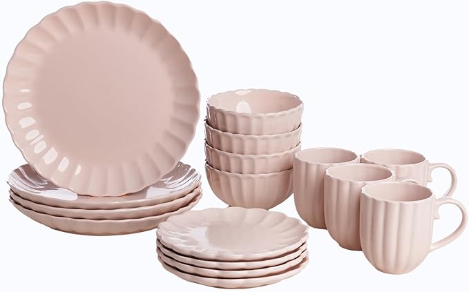wocaxc16-Pieces Stoneware Dinnerware Set Kitchen Dinnerware Ceramic Crockery Set Dinner Service Set for 4 Include Dinner Plate Dessert Plate Cereal Bowl and Mug. (pink)