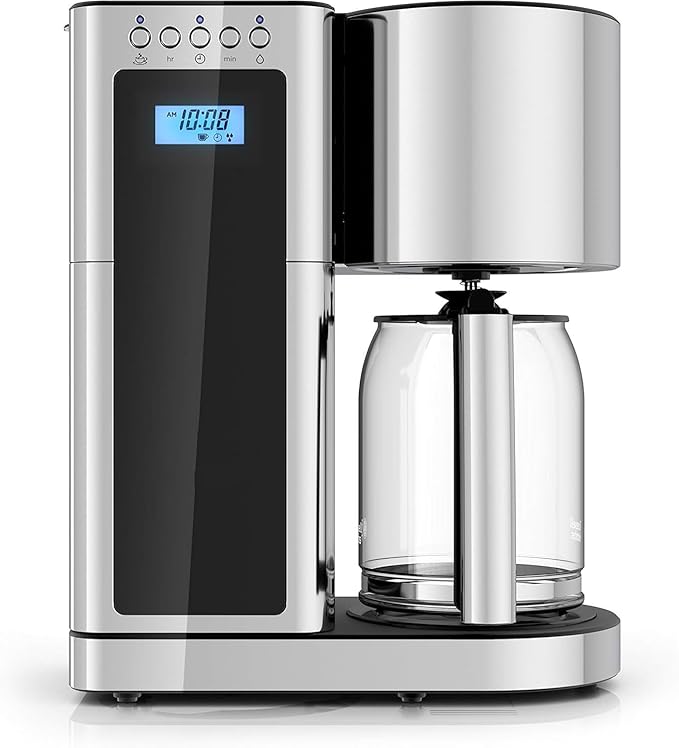 8 Cup Programmable Glass Coffee Maker – Stainless Steel &amp Black Auto Brew Timer Digital Display Home Coffee Machine