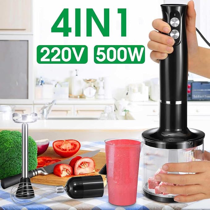 4-in-1 Hand Blender 500W Electric Handheld Immersion Stick Blender Multipurpose Stick Blender 2 Speeds for Baby Food Smoothies Sauces Soups Cream