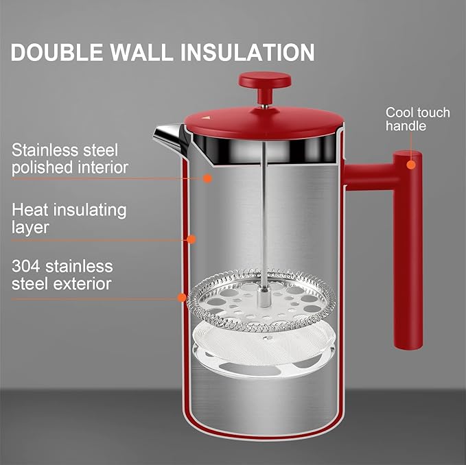 Secura French Press Coffee Maker 304 Grade Stainless Steel Insulated Coffee Press with 2 Extra Screens 34oz (1 Litre) Red