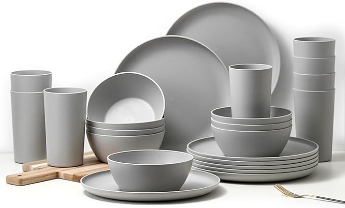 24-Piece Dinnerware Set Service for 8 Unbreakable Plates and Bowls Set BPA-Free Dishwasher Safe Gray Tableware for Kitchen Party and Picnic