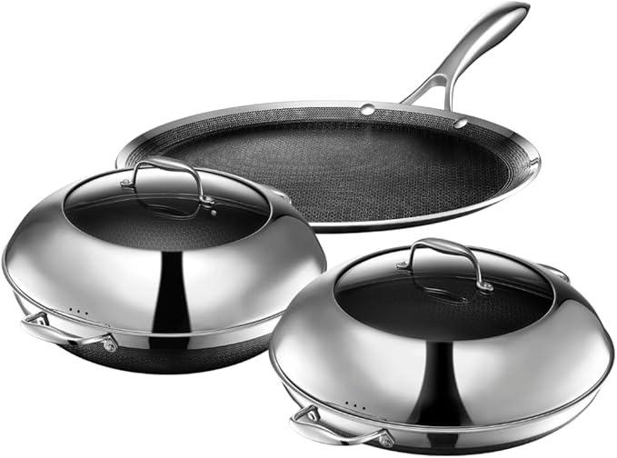 HexClad Hybrid Nonstick 5-Piece Cookware Set 14 Pan with Lid 14 Wok with Lid and 12 Griddle Stay-Cool Handles Dishwasher and Oven-Safe Induction Ready Compatible with All Cooktops