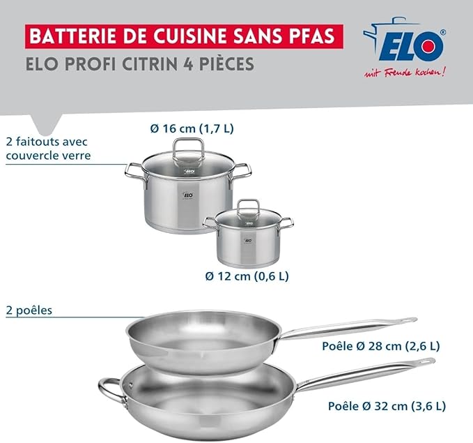 ELO 9508350 Cookware Set 4 Pieces 2 Frying Pans 28 and 32 cm and 2 Saucepans 12 and 16 cm Elo Profi Citrine Stainless Steel Induction