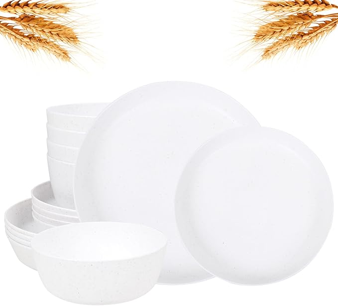 EI 12pcs White Wheat Straw PlatesWheat Straw Dinnerware SetPlates and Bowls SetsUnbreakable Plastic PlatePlastic Plates ReusableDinner Plates Set of 4Plastic Dishes Set