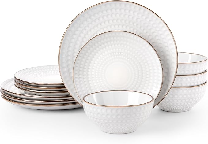 Famiware Eden Plates and Bowls Sets Stoneware Dinnerware Sets with Gold Trim 12 Pieces Dishes Set for 4 - Chip and Scratch Resistant Microwave and Dishwasher Safe White Circle