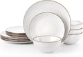 Famiware Eden Plates and Bowls Sets Stoneware Dinnerware Sets with Gold Trim 12 Pieces Dishes Set for 4 - Chip and Scratch Resistant Microwave and Dishwasher Safe White Circle