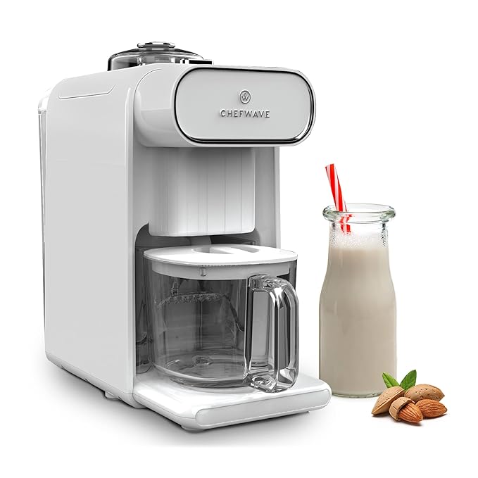ChefWave Milkmade Soy Milk Maker – 6-in-1 Plant-Based Milk Machine for Almond Oat Soy Cashew Coconut &amp Macadamia – No Soaking Auto-Clean Delay Start Glass Pitcher – White