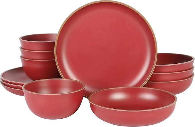 12-Piece Melamine Dinnerware Set – Double Bowl Lightweight Shatter-Resistant Plates and Bowls with Matte Finish – Dishwasher Safe Outdoor and Everyday Dining Set (Red)