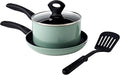 Basic Essentials 4-Piece Nonstick Aluminum Starter Cookware Set Fry Pan Skillet Saucepan Pot with Glass Lid and Nylon Spatula Turner Sage