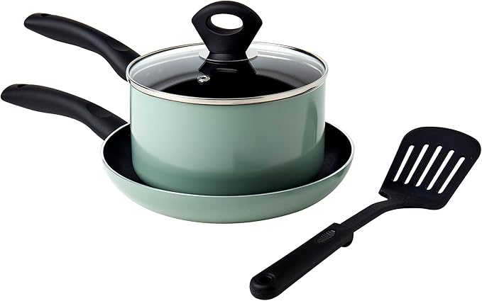 Basic Essentials 4-Piece Nonstick Aluminum Starter Cookware Set Fry Pan Skillet Saucepan Pot with Glass Lid and Nylon Spatula Turner Sage