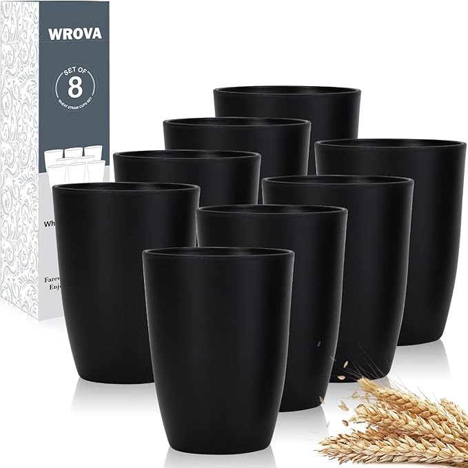 Wrova wheat straw bowls and 10inches plates bundle with cups - unbreakable dinnerware sets of 22 - Black series