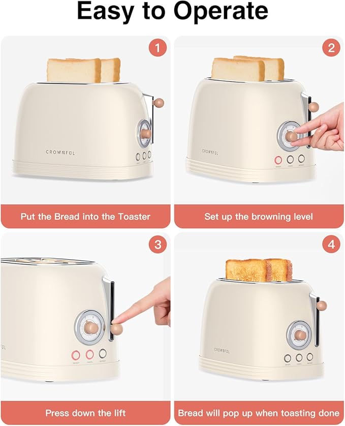 CROWNFUL 2-Slice Toaster Extra Wide Slots Toaster Retro Stainless Steel with Bagel Cancel Defrost Reheat Function and 6-Shade Settings Removal Crumb Tray Cream