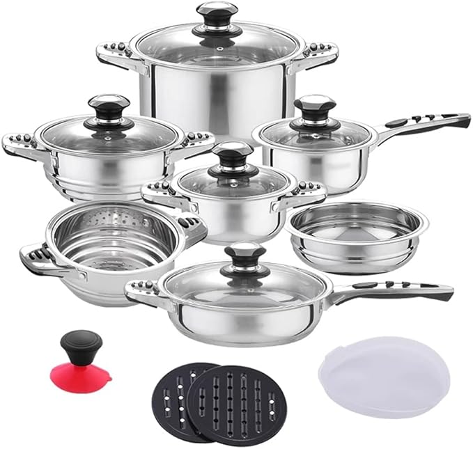 Pots and Pans Sets Frying PanCookware Set Stainless Steel 16-Piece Cooking Pot&ampPan Set Include SaucepanCasseroleSalad BowlSteaming Insert