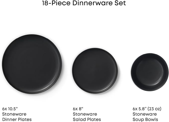 JoyJolt Mesa Stoneware Dinnerware Set 18-Piece Plates and Bowls Sets Includes Dinner Plates Salad Plates and Cereal and Soup Bowls Modern Farmhouse Matte Black Dish Set for 6