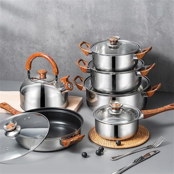12 Piece Pot Handle with Kettle Cooking Pan Kitchen Cookware Non Stick Cooking Pot Set Stainless SteelNatural Color 12Ps12 Ps-Non-Stick 12ps-12 ps