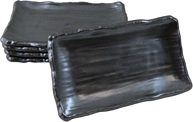 Ebros Gift Iron Black Clay Underglaze Technique Tetsu Kesho Porcelain Dinnerware Kitchen Set Asian Japanese Restaurant Supply (Pack Of 5 Rectangular Wavy Sushi Plates)