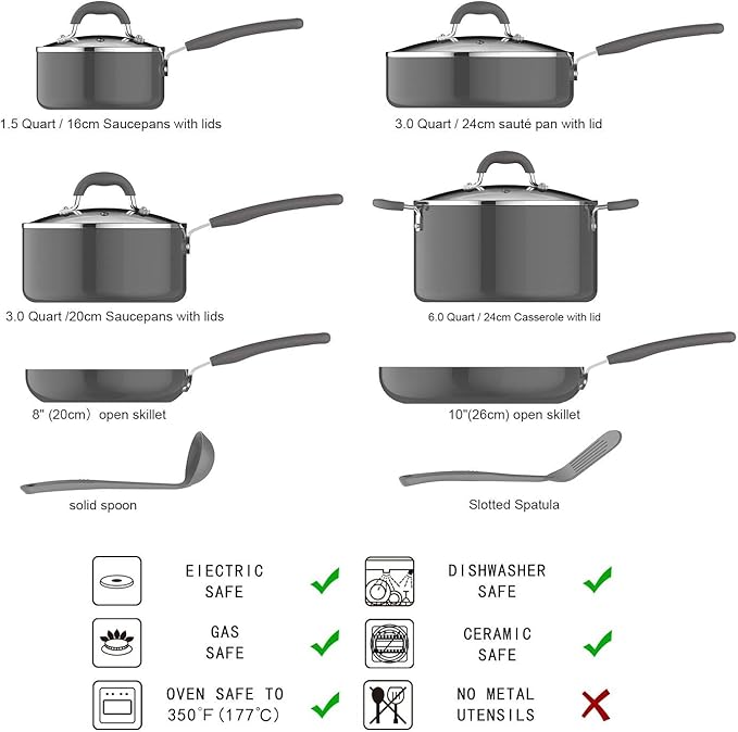 Amazon Basics Aluminum Cookware Set with Stay-Cool Handles Dishwasher and Oven Safe 12-Piece Pots Pans and Utensils with Lids Gray