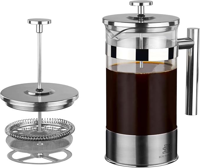 34 oz French Press Coffee Maker - Borosilicate Glass Coffee Brewer Stainless Steel Plunger Tea Press for loose Tea Heat Resistant Silver
