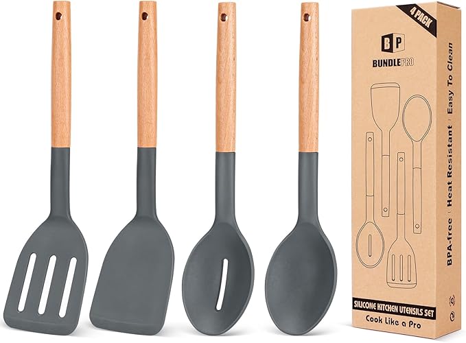 Pack of 4 Silicone Cooking Utensils Set Non Stick Solid Spatulas and Heat Resistant Slotted Spoons with Wooden Handle Ideal Wood Kitchen Utensils Set for FryingServingTurningStirring (GRAY)