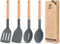 Pack of 4 Silicone Cooking Utensils Set Non Stick Solid Spatulas and Heat Resistant Slotted Spoons with Wooden Handle Ideal Wood Kitchen Utensils Set for FryingServingTurningStirring (GRAY)