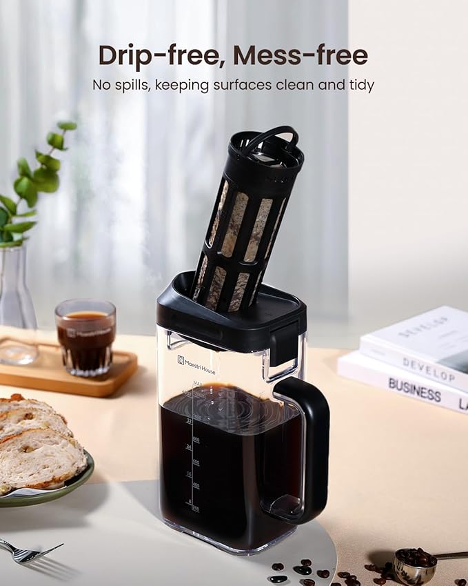 Maestri House Compact Cold Brew Coffee Maker 40oz Iced Tea and Coffee Maker Brewer Space Saving Tritan Pitcher 350 Mesh Filter 100% Leak-Proof