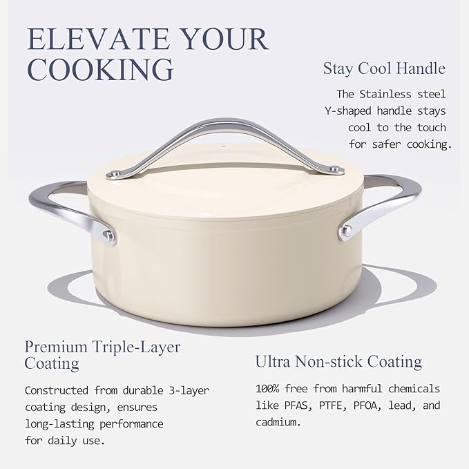Nonstick Ceramic Cookware Set- 4.5qt Dutch Oven &amp 10 Frying Pan PFAS/PFOA/PTFE-Free All Cooktops Compatible Oven Safe to 500°F Even Heat Distribution (Cream)