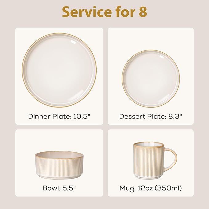 Romswi Dinnerware Set for 8 32Pcs Stoneware Plates and Bowls Sets with Mugs Chip &amp Scratch Resistant Dish Set Handmade Reactive Glaze Plate Set OvenMicrowave and Dishwasher Safe Cappuccino W