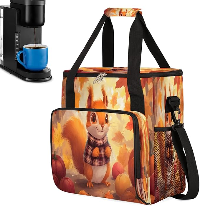 Cartoon Squirrel Pumpkin Maple Leaf Coffee Maker Carring Bag Travel Carrying Storage Tote Bag Compatible with Keurig K-Mini or K-Mini Plus Portable Single Serve Coffee Brewer Case with Pockets