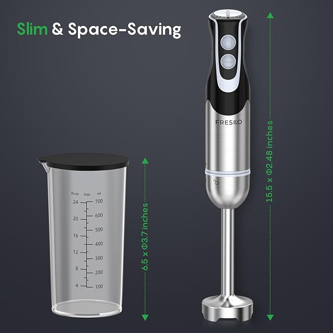 FRESKO Immersion Handheld Blender 500W with 700ml Beaker 12-Speed &amp Turbo Mode Hand Blender Stick 304 Stainless Steel Blades for Soup Smoothie Puree Baby Food