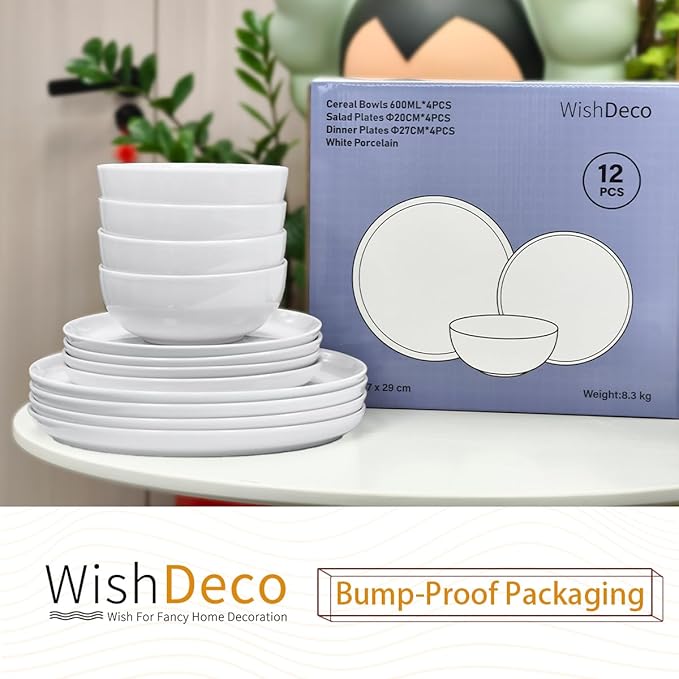 Plates and Bowls Sets 12 Pieces Dinnerware Sets Ceramic Dishes Set for 4 White Kitchen Dishware Set Microwave and Dishwasher Safe