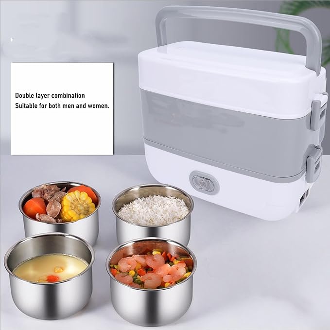 Dpofirs Portable Self Cooking Electric Lunch Box 2L Mini Rice Cooker 2 Layers 4 Stainless Steel Steamer Food Insulation Box Heated Food Warmer Cooker for Home Office Travel (US Plug 110V)