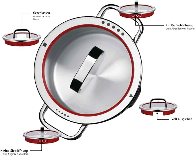 WMF Function 4 5-Piece Induction Saucepan Set Glass Lid with 4 Pouring Functions Polished Cromargan Stainless Steel Induction Pots Set Inner Scale