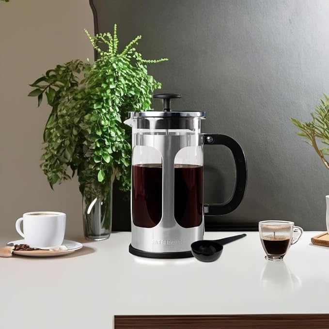 Farberware French Press Coffee Maker Tea &amp Espresso Maker Stainless Steel Cold Brew Press Heat-Resistant Borosilicate Glass BPA-Free Measuring Spoon Included 8 Cup Capacity (Stainless)