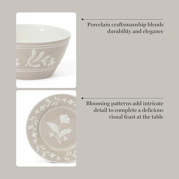 Martha Stewart Maiden Crown 12-Piece Taupe Dinnerware Set – New Bone China Ceramic Plates &amp Bowls – Floral Design – Service for 4 – Dishwasher &amp Microwave Safe
