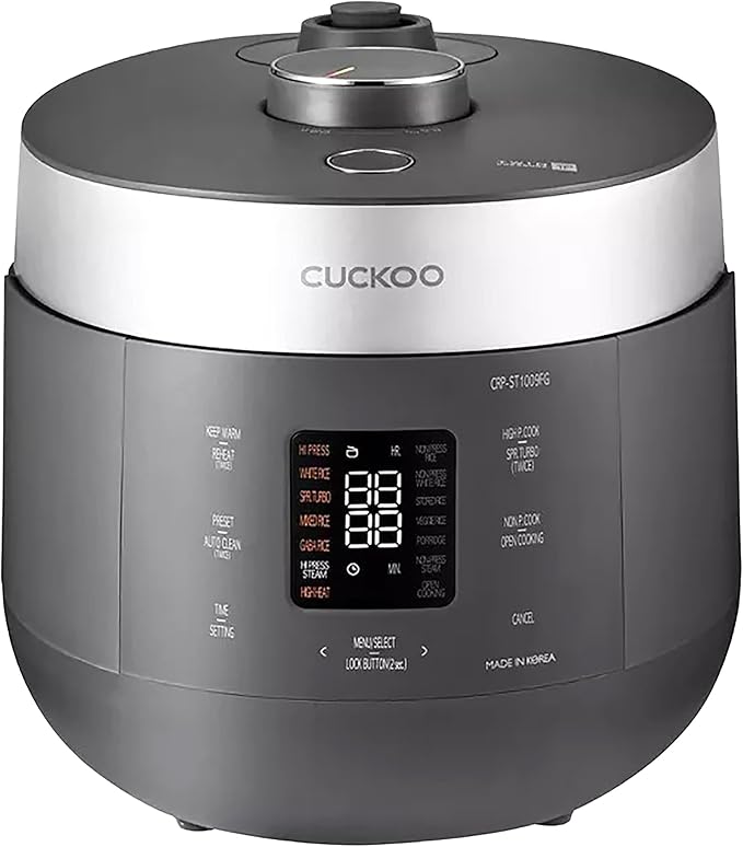 CUCKOO Twin Pressure Rice Cooker 10-Cup Uncooked / 20-Cup Cooked with Nonstick Inner Pot Large Rice Maker &amp Warmer with 16 Menu Options Open Cooking Mode Voice Guide Gray (CRP-ST1009FG)