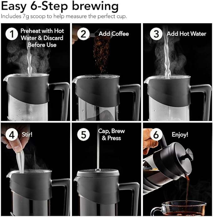 OVENTE French Press Coffee Maker 34 Ounce with Heat Resistant Borosilicate Glass &amp Stainless Steel 4-Level Filtration System Portable Cold Brew Coffee Maker for Travel Camping or Gift Black FPW