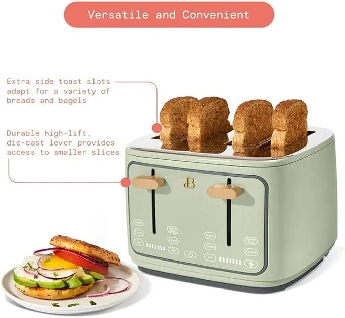 Four-slot Digital Touch Display Toaster with LED Countdown Extra Wide Self-Adjusting Slots Powerful Even Toasting (Sage Green)