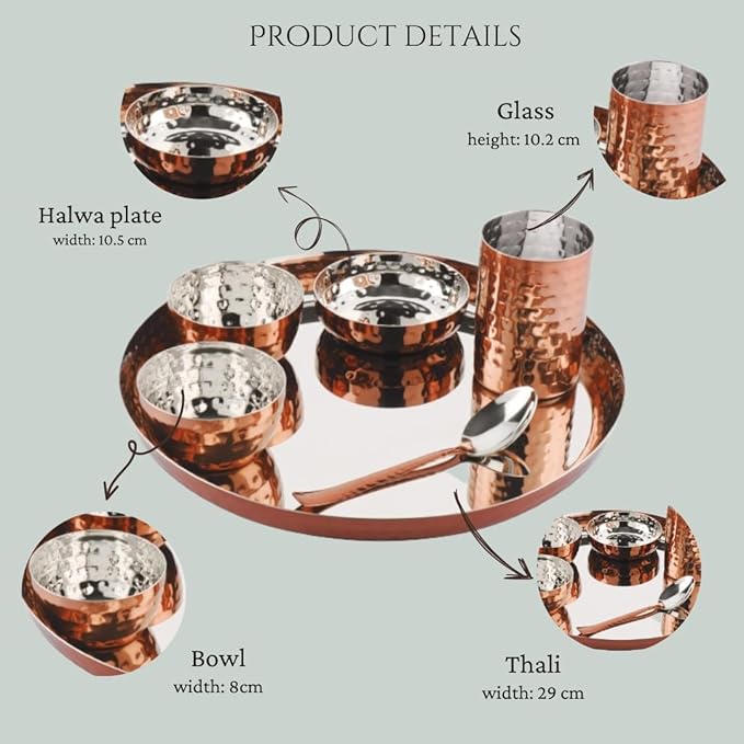 Hammered Copper Plated Stainless Steel Dinner Set 6 Piece Thali Set with Bowls and Glass Silver Interior