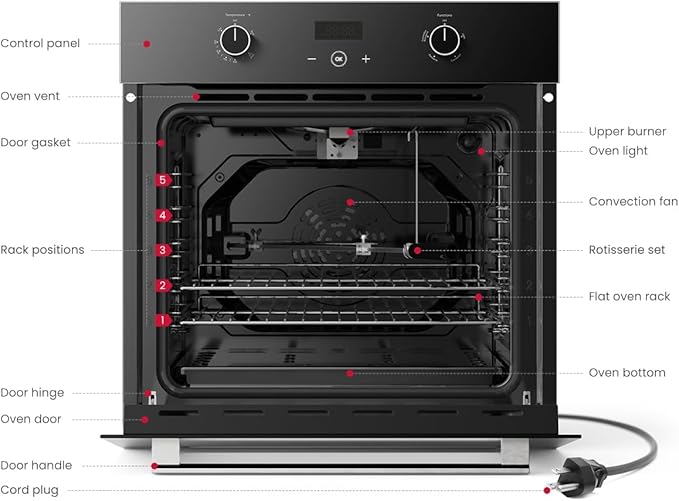 GASLAND 24 Inch Gas Wall Oven ETL Certified Built-in Natural Gas Oven with Convection Rotisserie Bake &amp Broil Digital Timer 120V Plug Easy Clean Single Wall Oven Black