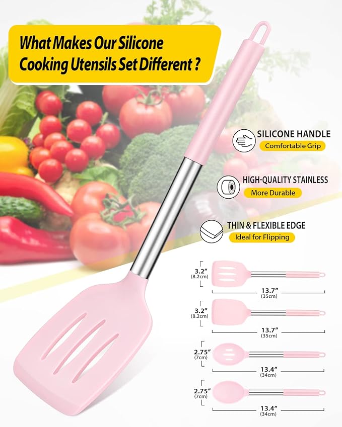 Pack of 4 Silicone Cooking Utensils Set Non Stick Large Solid Spatulas Heat Resistant Pink Slotted Spoons Ideal BPA Free Kitchen Turners for Frying MixingServingDrainingTurningStirring