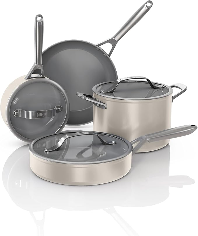 Ninja Ceramic Pro 7-Piece Cookware Set Non-Stick Pots &amp Pans Set with Glass Lids Nontoxic PTFE Free Ceramic Coated Oven Safe All Stovetops &amp Induction Compatible Stone CW39007ST