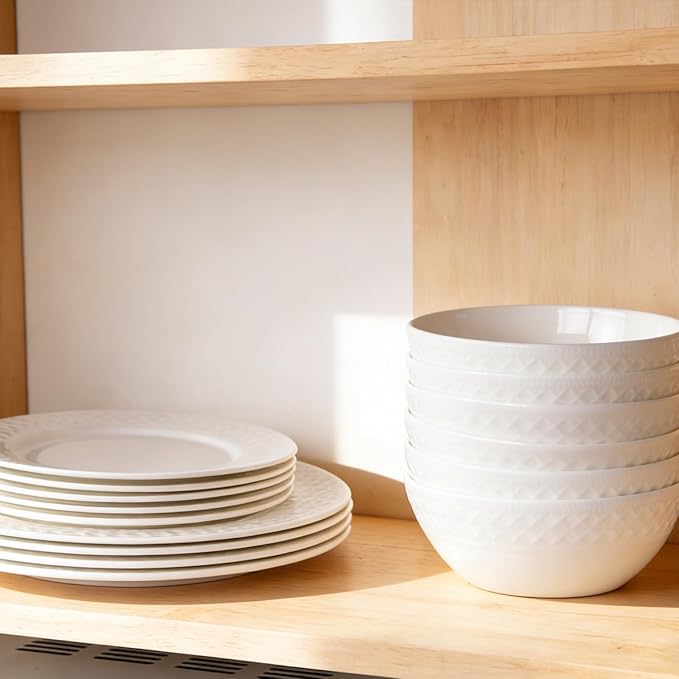 18-Piece Bone China Dinnerware Set for 6 White Porcelain Plates and Bowls with Textured Design Lightweight Microwave Dishwasher Safe for Family Dining