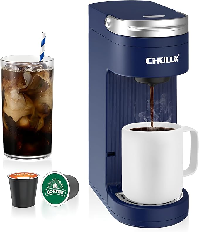 CHULUX Slim Single Serve Coffee Maker for K Pods One Cup Coffee Maker Fits 7.3 Travel Mugs Coffee Machine with 6 to 12oz Brew Sizes Navy Blue