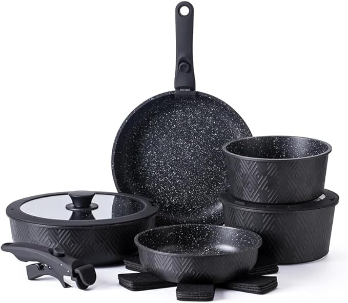 Pots and Pans Set Healthy Safe Ceramic Nonstick Kitchen Cookware with Soft Touch Removable Handle CookwareCream DiamondOne-Black Rhombus-One