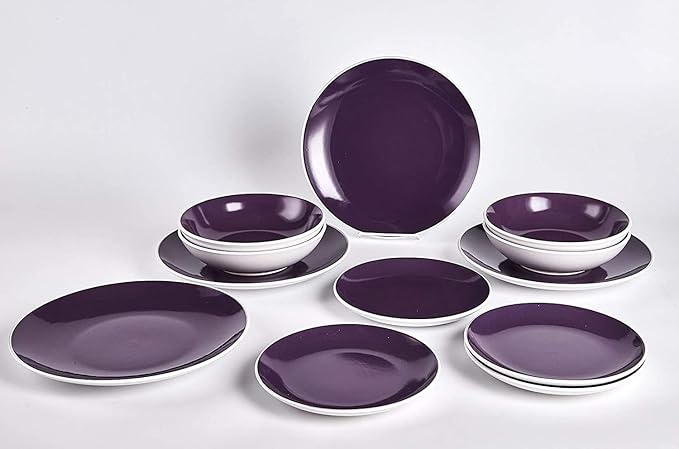 Stoneware Coupe Shape 12pc Dinnerware Set Outside White + Inside Purple