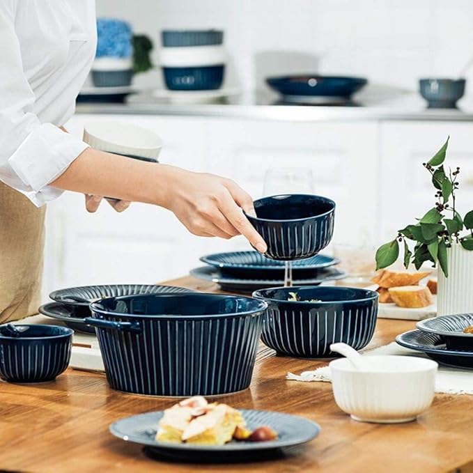 Elegant Resistant Dinner Set46 Pieces White Blue Vertical Pattern Ceramics Dinner Sets Plates Bowls Combination for Family Party