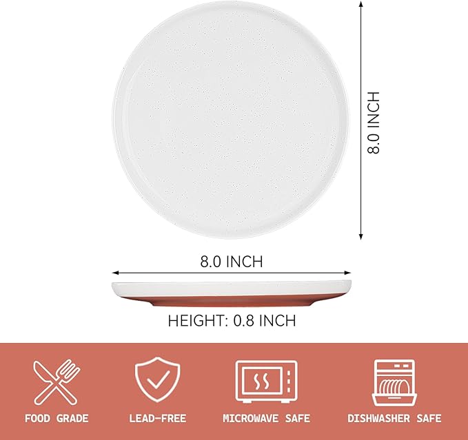 GZG Ceramic Dinner Salad Plates Set of 4 8 Inch Speckled Dinnerware Dessert Plates with Clay-Tone Base Microwave Oven Dishwasher Safe