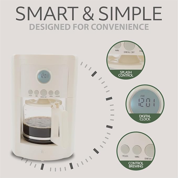 WILLOW Eco Series 12 Cup Drip Coffee Maker 24 HR Programmable Coffee Maker with Glass Coffee Pot Removable Filter Basket Keep Warm Function &amp Auto Shut-off Coffee Machine with Digital Display